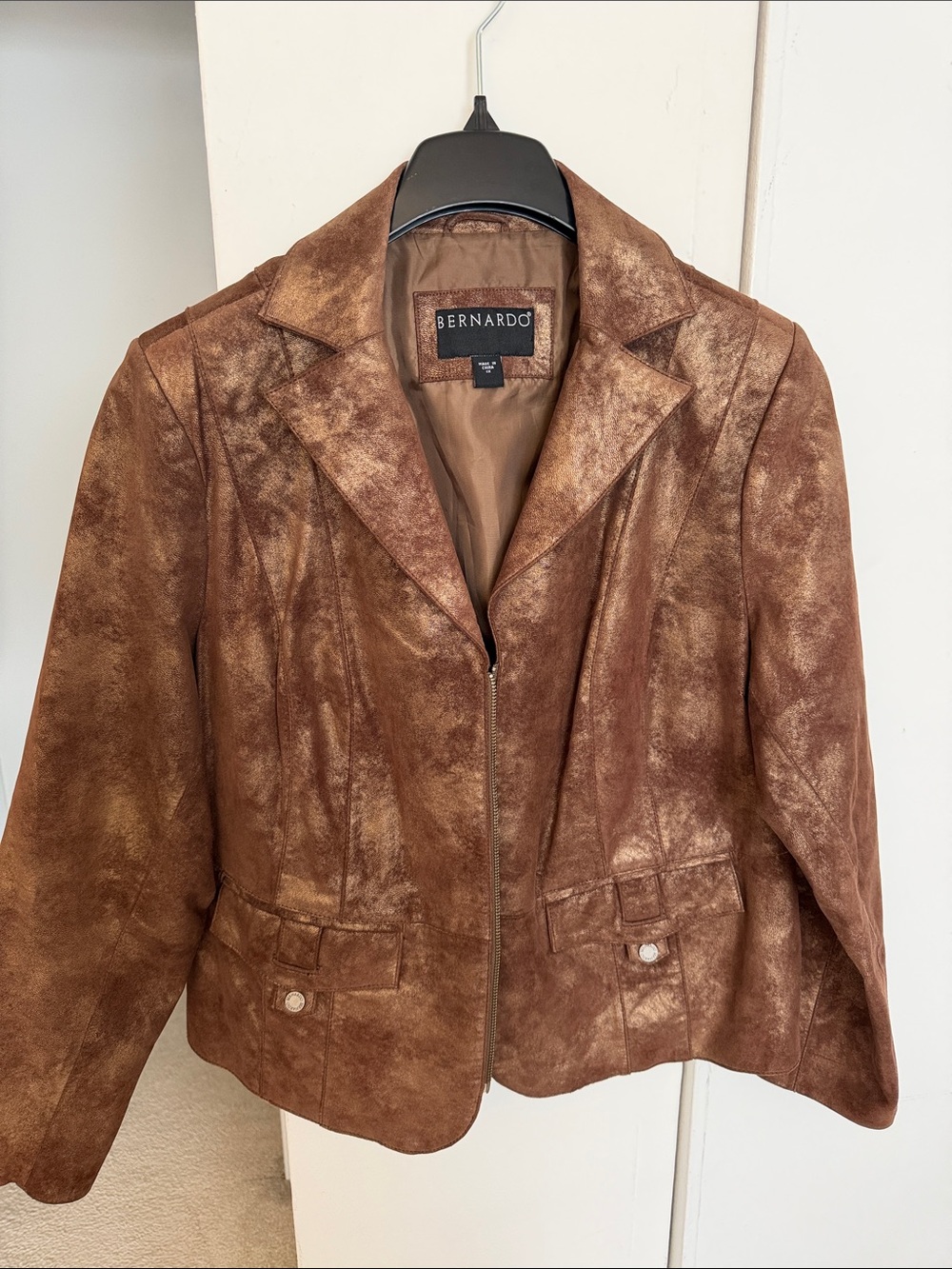 Bernardo Metallic Bronze 100% Genuine Leather Snap Pocket Zip Blazer - 1X